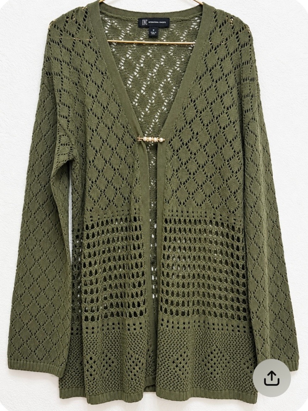INC International Concepts Olive Openwork Crochet Cardigan with Decorative Pin